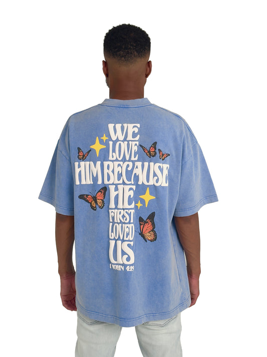(Pre-Order 6 Weeks) "He Loved Us" - Unisex oversized t-shirt in heavyweight 250gsm acid wash